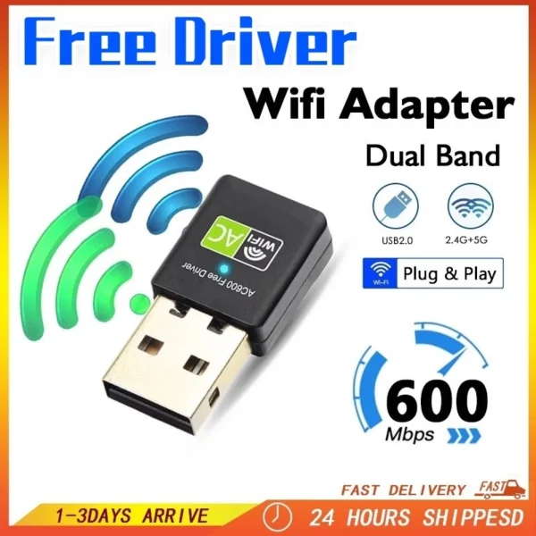600Mbps Dual-Band USB WiFi Adapter, Wireless Network Dongle for PC & Laptop