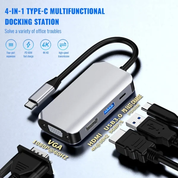 USB-C 3.0 Hub with HDMI & VGA Adapter, Multi-Port Video & Data Hub for Laptop, MacBook & PC