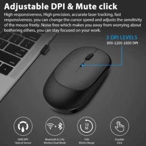 Rechargeable Dual-Mode Wireless Mouse, Bluetooth & 2.4GHz for PC & Laptop