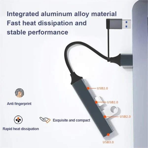 S3c96e9ede21d4653b1466b4db53b3a1fD.webp 4-in-1 USB-C Hub, Aluminum USB 3.0 Hub with 3 USB 2.0 Ports & 1 USB-C Port, USB Splitter & Extender for Laptop, PC & Mac