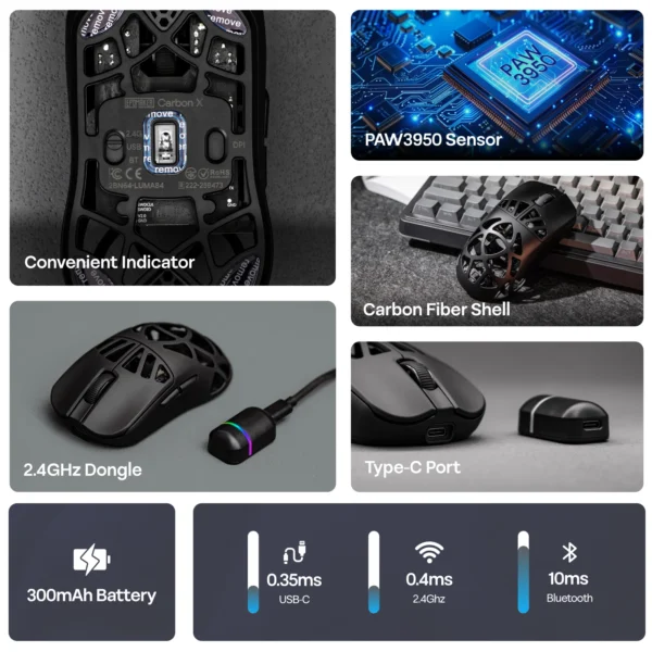 S402b7549e4ab457cb400f2c2d50d6c8fh.webp EPOMAKER Carbon X Gaming Mouse, Wired/2.4GHz Wireless/Bluetooth Tri-Mode, Adjustable 400–30,000 DPI with PAW3950 Sensor for PC, Mac & Linux