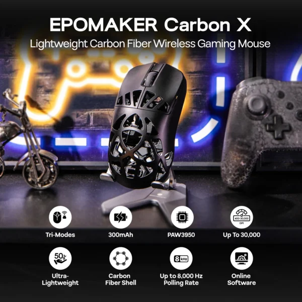 S45525163d9b646deaa9025ff59c47f97f.webp EPOMAKER Carbon X Gaming Mouse, Wired/2.4GHz Wireless/Bluetooth Tri-Mode, Adjustable 400–30,000 DPI with PAW3950 Sensor for PC, Mac & Linux